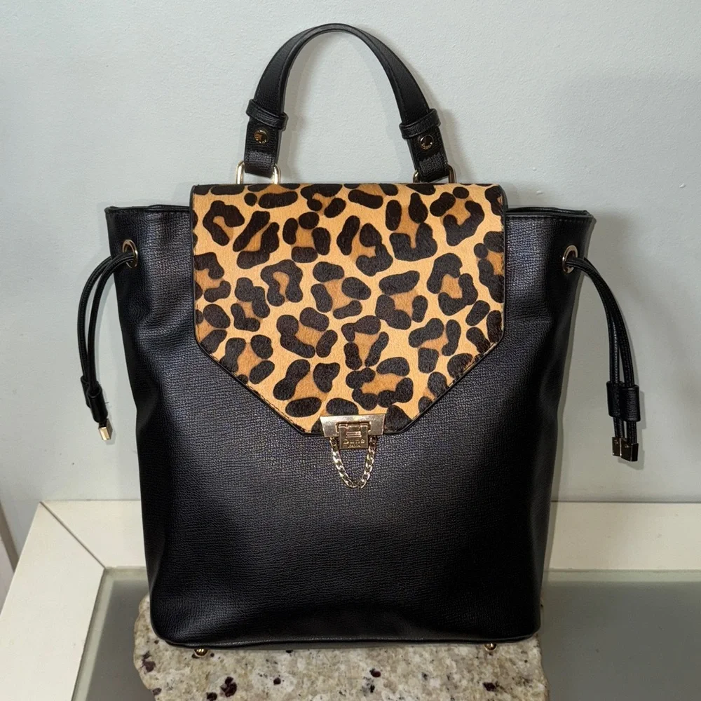 DUNE LONDON GENUINE CALF HAIR SAFFIANO LEATHER CHEETAH LEOPARD BACKPACK